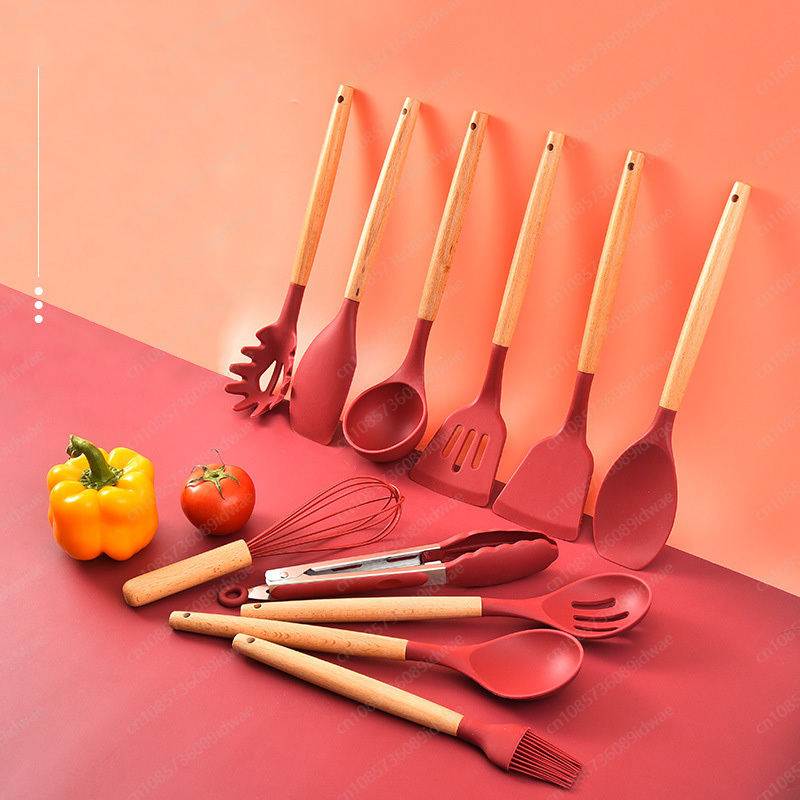 Kitchen Baking Pan Storage - 12-Piece silicone cookware set with wooden