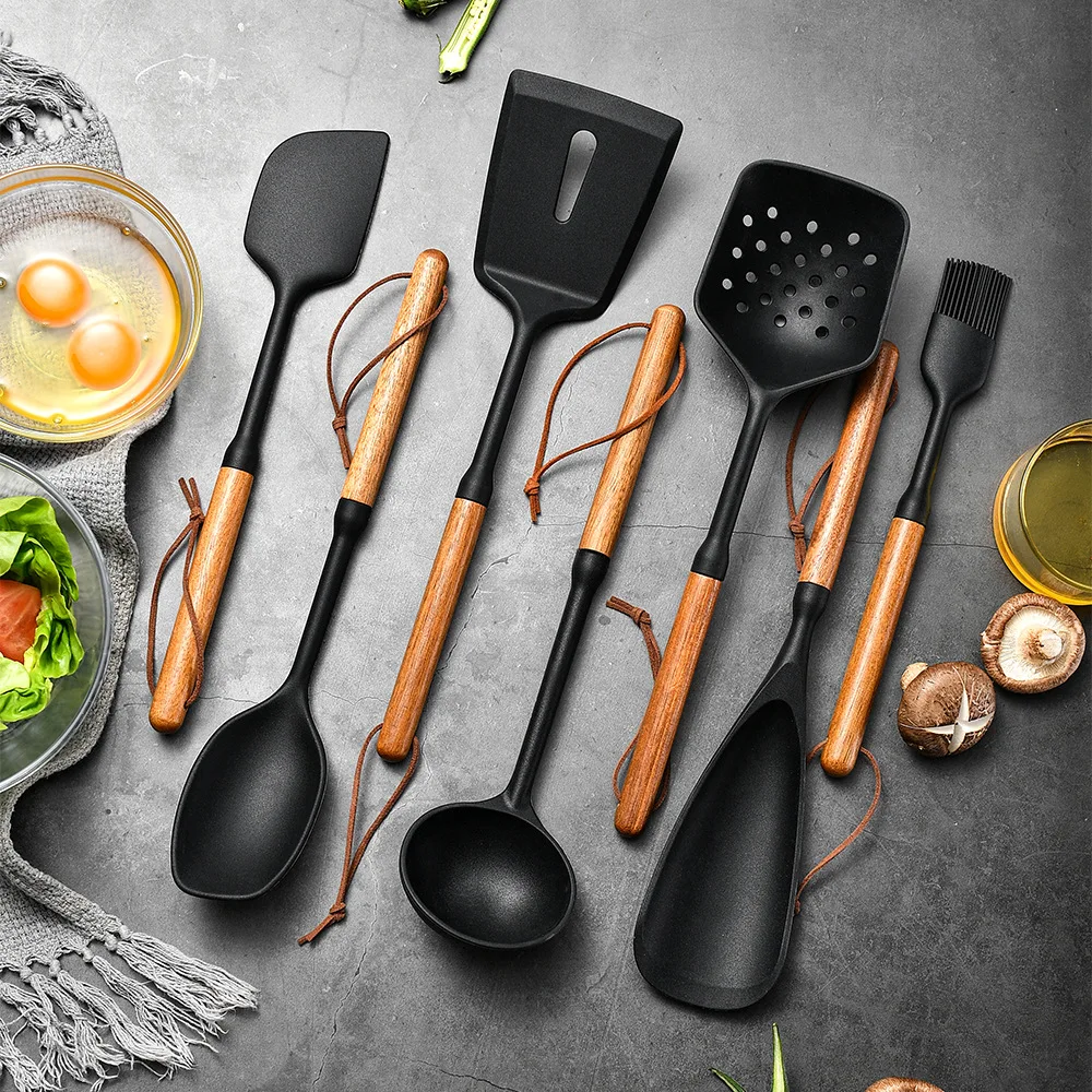 Kitchen Baking Utensil Set - 7Pcs Black Silicone Wooden Handle Cooking