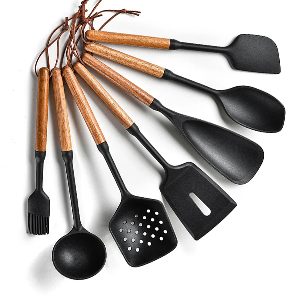 7Pcs Black Silicone Wooden Han - Kitchen Baking Utensil Set ulasan dan harga