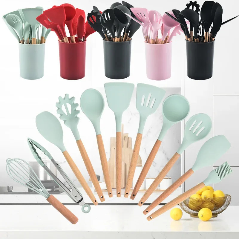 12-piece Set Wooden Handle Sil - Kitchen Baking Pan Storage ulasan dan harga